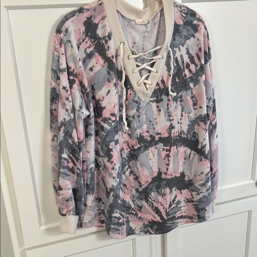 Lovely Melody Pink and Gray Lace-Up Sweatshirt - Large